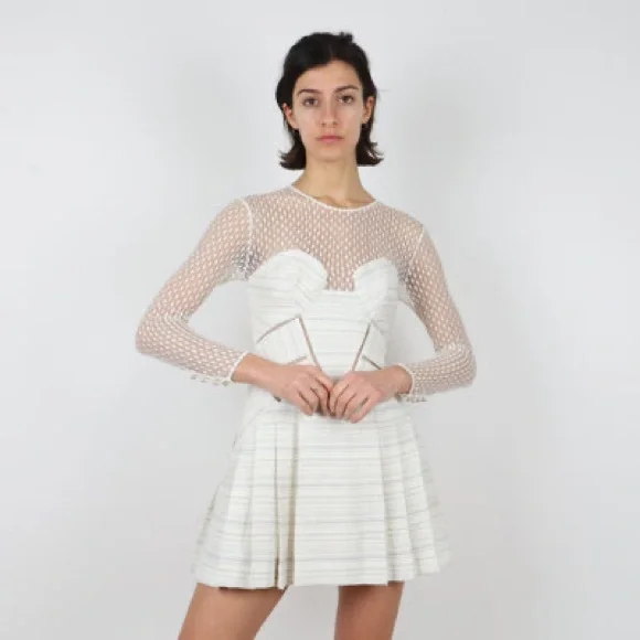 Self-Portrait Ivory Long Sleeve Mesh Dress - Picture 3 of 7